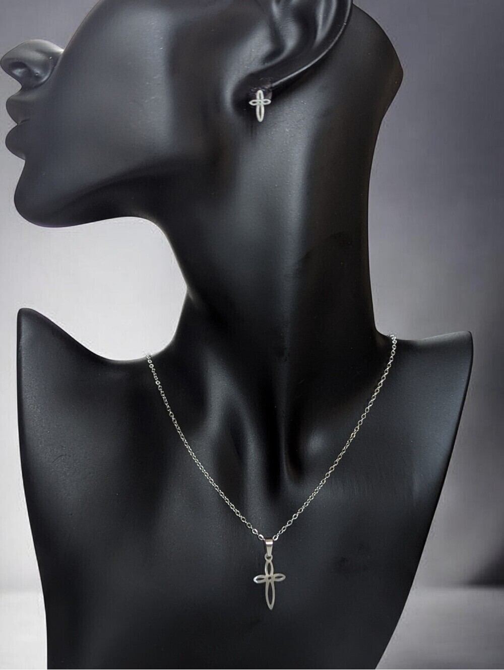 Silver Cross Pendant Necklace and Earrings Set Stainless Steel Religious